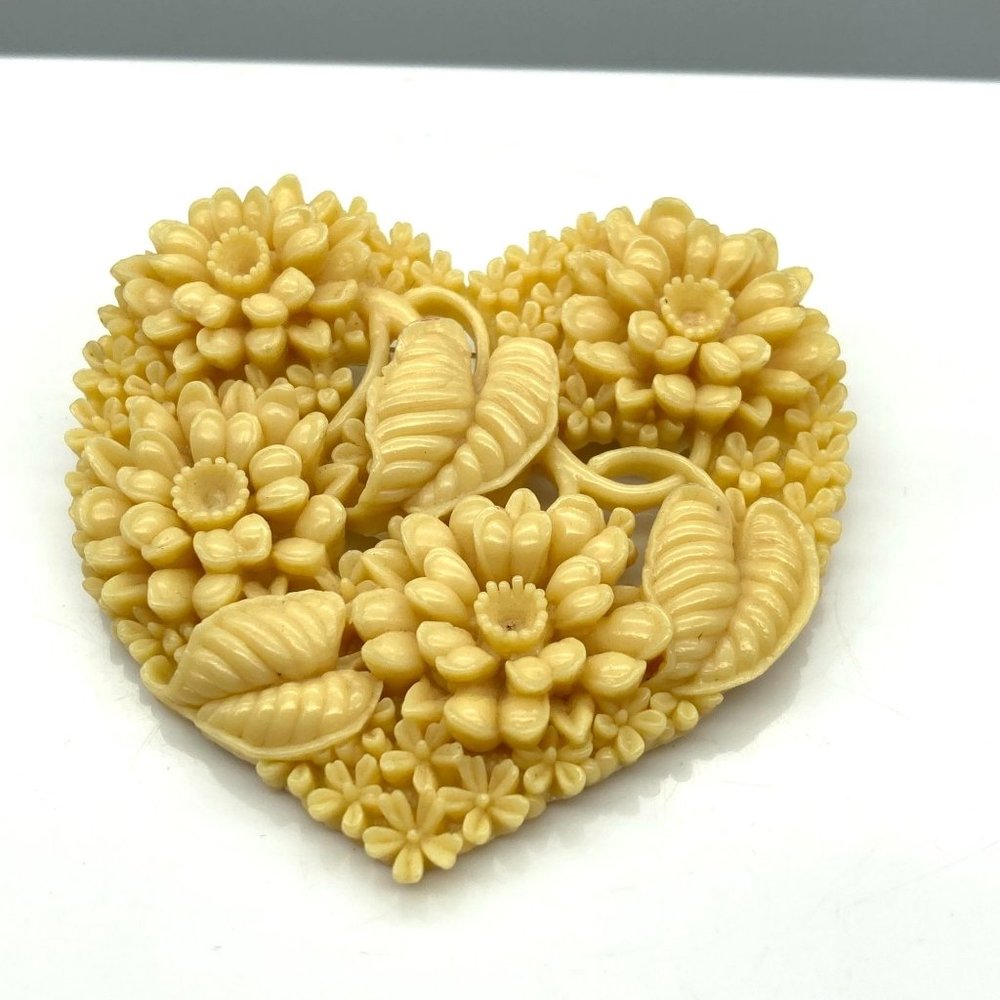 Vintage Carved Celluloid Brooch, Cream Colored Hearts and Flowers, Romantic Gift